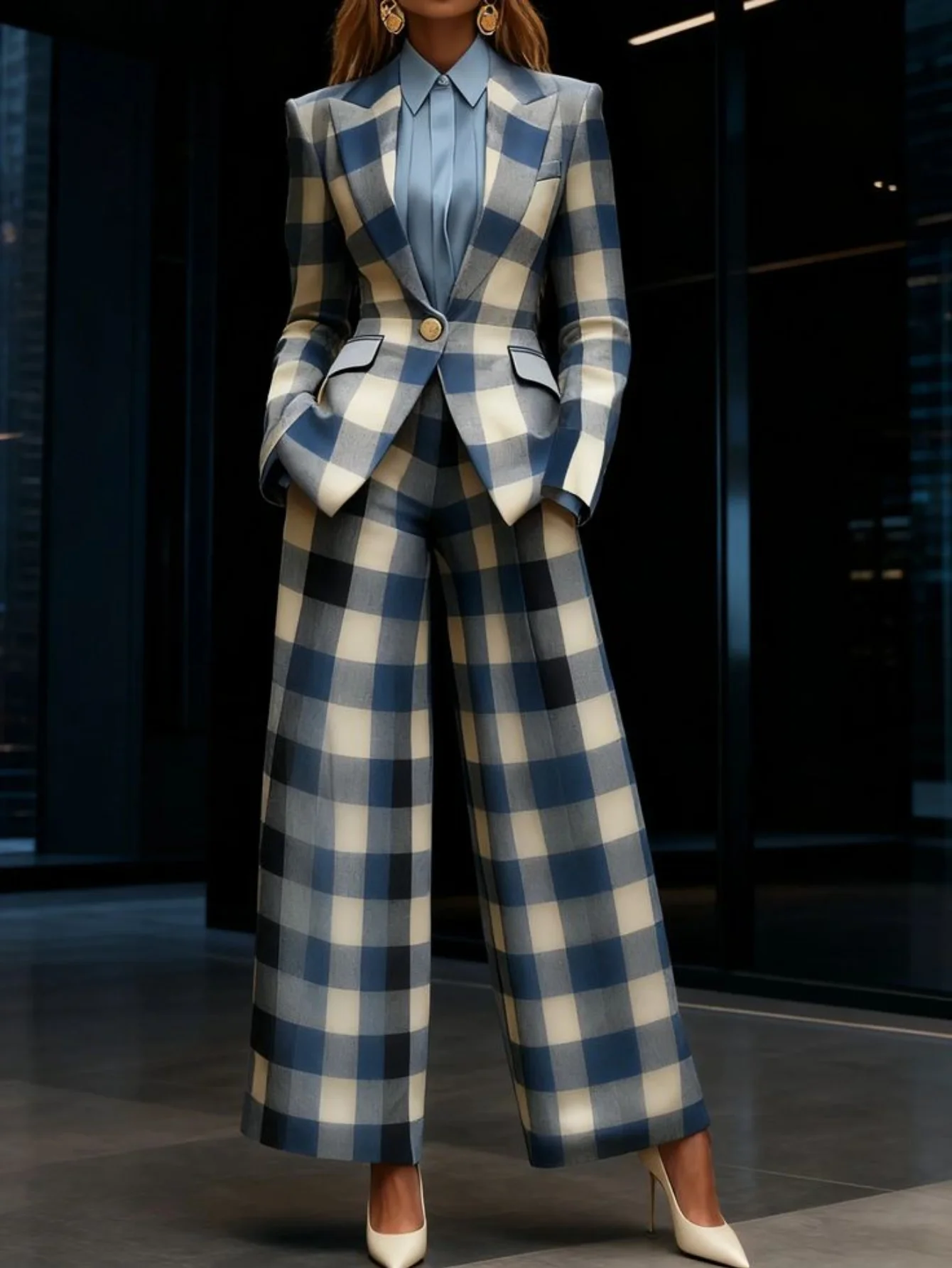 Damen Business-Anzug Kariert: Blazer Mit Einem Knopf Und Hochtaillierte Weite Hose Damen Business-Anzug Kariert: Blazer Mit Einem Knopf Und Hochtaillierte Weite Hose - Image 4