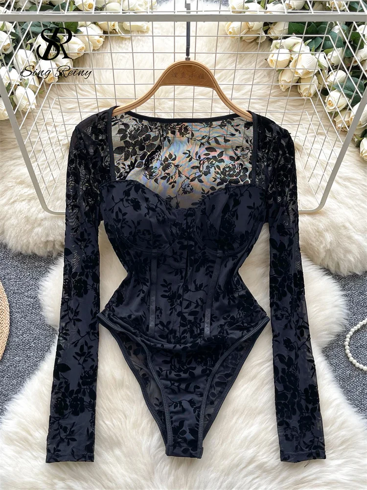 Singreiny Women Flocking Floral Playsuits Long Sleeves Transparent Open Crotch Sexy Slim Blouse Corset Shapewear Print Bodysuits Singreiny Women Flocking Floral Playsuits Long Sleeves Transparent Open Crotch Sexy Slim Blouse Corset Shapewear Print Bodysuits