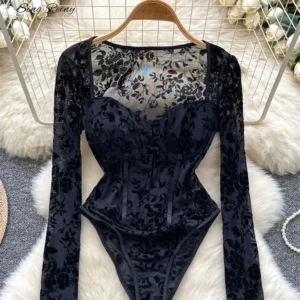 SINGREINY Women Flocking Floral Playsuits Long Sleeves Transparent Open Crotch Sexy Slim Blouse Corset Shapewear Print Bodysuits