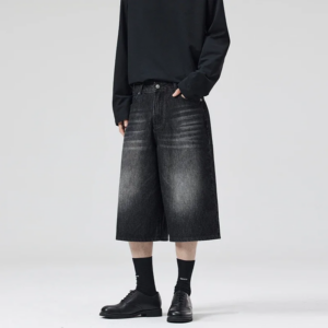 2025 Summer American Lightning Crack Denim Cropped Pants Men's Straight Loose Wide-leg Shorts Street Baggy Casual Pants