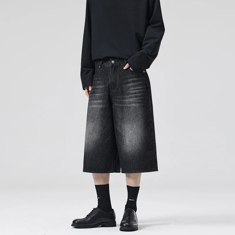2025 Summer American Lightning Crack Denim Cropped Pants Men'S Straight Loose Wide-Leg Shorts Street Baggy Casual Pants 2025 Summer American Lightning Crack Denim Cropped Pants Men'S Straight Loose Wide-Leg Shorts Street Baggy Casual Pants