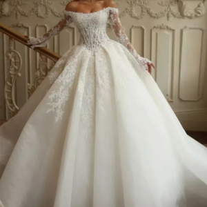 BEPEITHY Customizd Off Shoulder Long Sleeves Princess Wedding Dresses 2026 Ivory Plus Size Crystal Bride Romantic Bridal Gown