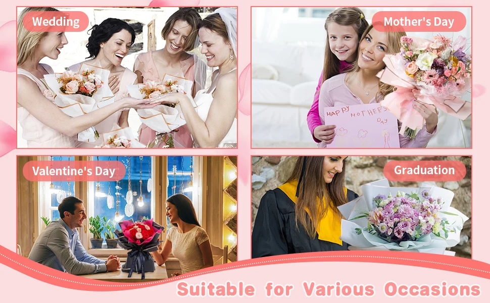 20-Blatt-Geschenkpapier mit rosa Blumen und goldenen Kanten, wasserfeste Verpackung, ideal zum Basteln, Hochzeitssträuße und Hochzeiten – Bild 5