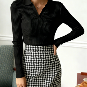 Autumn Winter Women Long Sleeve Polo Shirts V‑Neck Ribbed Knit Tops Slim Fit Elegant Office Ladies Solid Color Basic Blouse
