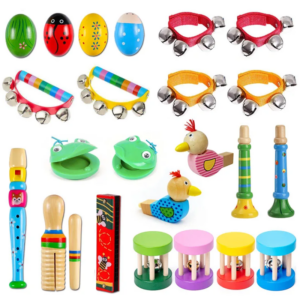 Holz-Musikinstrumente für Kinder: Rhythmus-Maracas, Kastagnetten, Flöte, Glöckchen, Mundharmonika, Trompete – Ideal für Fiesta, Karneval und Partygeschenke