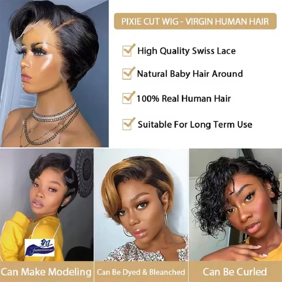 Kurze Pixie-Cut-Perücke, Glatter Bob, 13X4 Lace-Front-Perücke Aus Echthaar, Vorgezupft, Transparente Spitze, Für Damen, Natürliche Farbe Kurze Pixie-Cut-Perücke, Glatter Bob, 13X4 Lace-Front-Perücke Aus Echthaar, Vorgezupft, Transparente Spitze, Für Damen, Natürliche Farbe – Bild 4