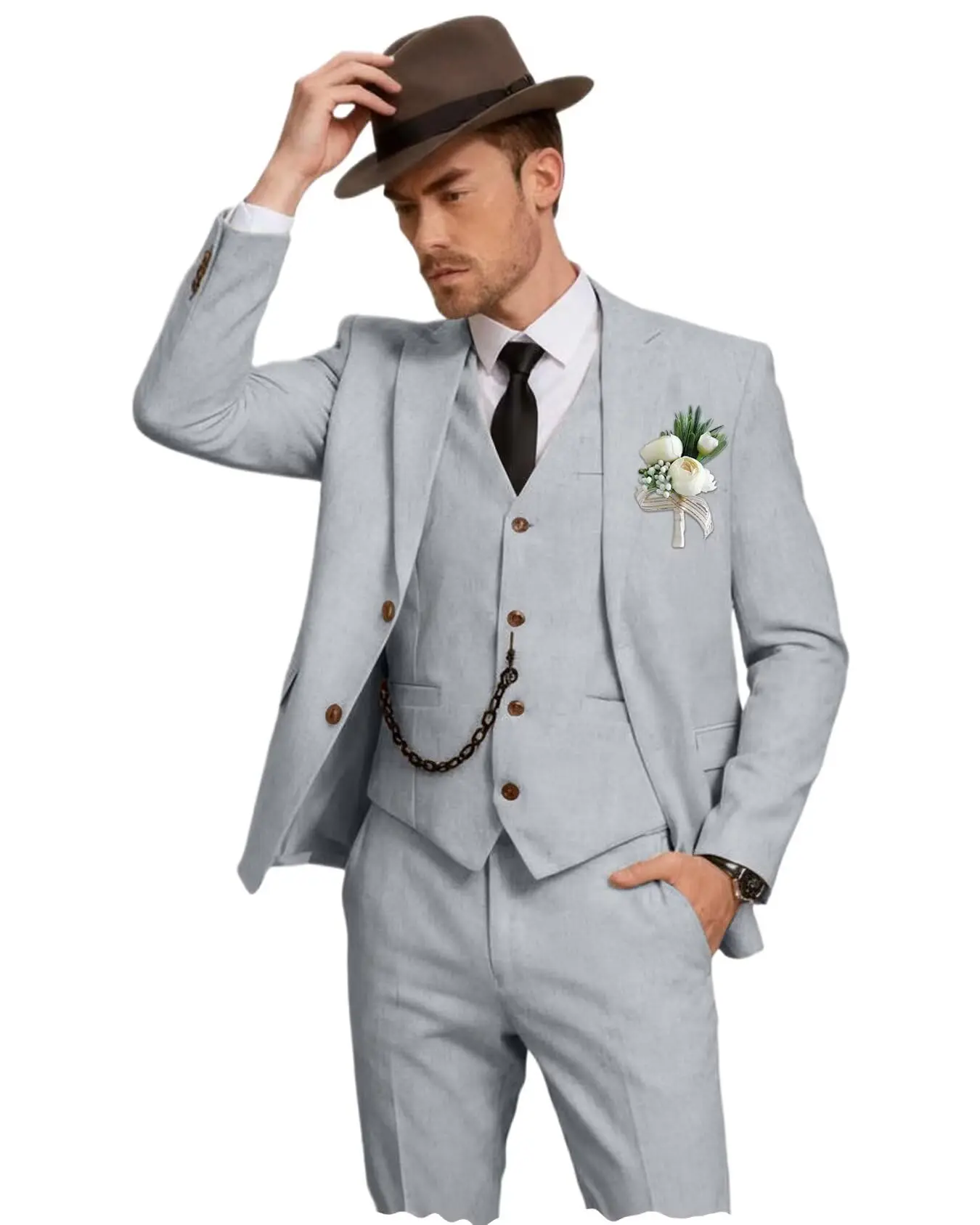 Herren Leinenanzug 3-Teilig, Slim Fit: Sakko, Weste Und Hose Herren Leinenanzug 3-Teilig, Slim Fit: Sakko, Weste Und Hose - Image 15