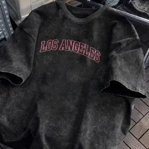 Vintage Washed Los Angeles Arch Letter Graphic T-Shirt, Retro USA City Casual Washed Black Crew Neck Short Sleeve Unisex Top