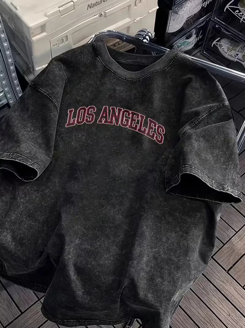 Vintage Washed Los Angeles Arch Letter Graphic T-Shirt, Retro Usa City Casual Washed Black Crew Neck Short Sleeve Unisex Top Vintage Washed Los Angeles Arch Letter Graphic T-Shirt, Retro Usa City Casual Washed Black Crew Neck Short Sleeve Unisex Top