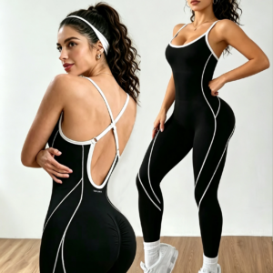 Women Contrast Piping Yoga Jumpsuit Thin Strap Open Back One Piece Workout Bodysuit High Elastic Slim Fitness Gym Sports Rompers
