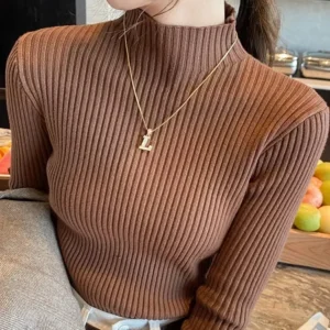 frauen Herbst Gestrickte Dünne Pullover Solide Strickte Weibliche Baumwolle Weiche Elastische Farbe Pullover Taste Volle Hülse Rollkragen