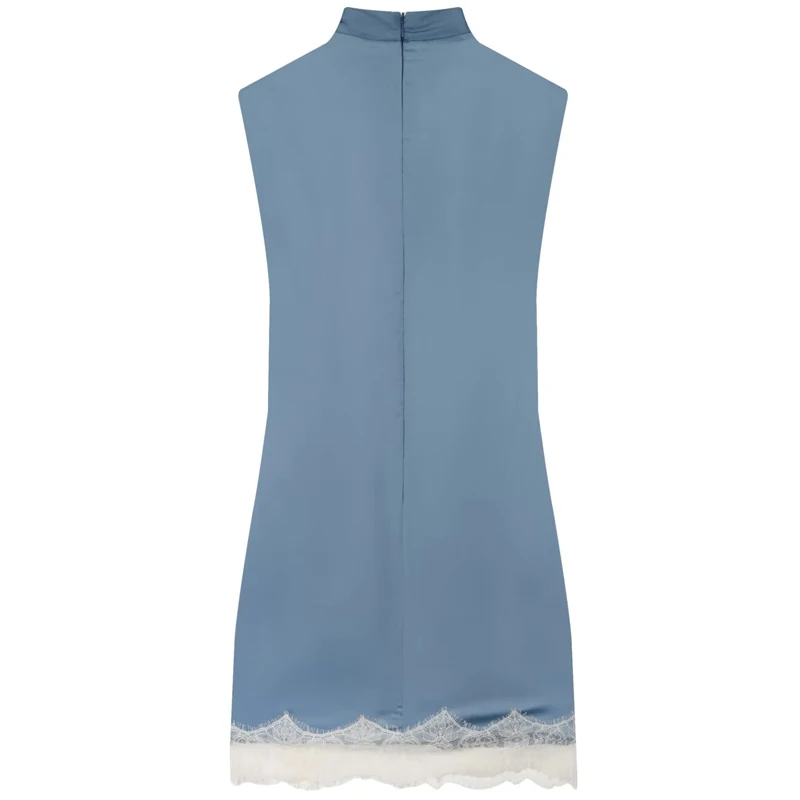 Hxao Satin-Minikleid Mit Rüschen Und Spitze In Staubblau, Ärmellos Hxao Satin-Minikleid Mit Rüschen Und Spitze In Staubblau, Ärmellos – Bild 3