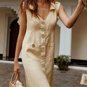 Women's dress summer new fashion V-neck single breasted buckle buckle dress pocket design sense skirt