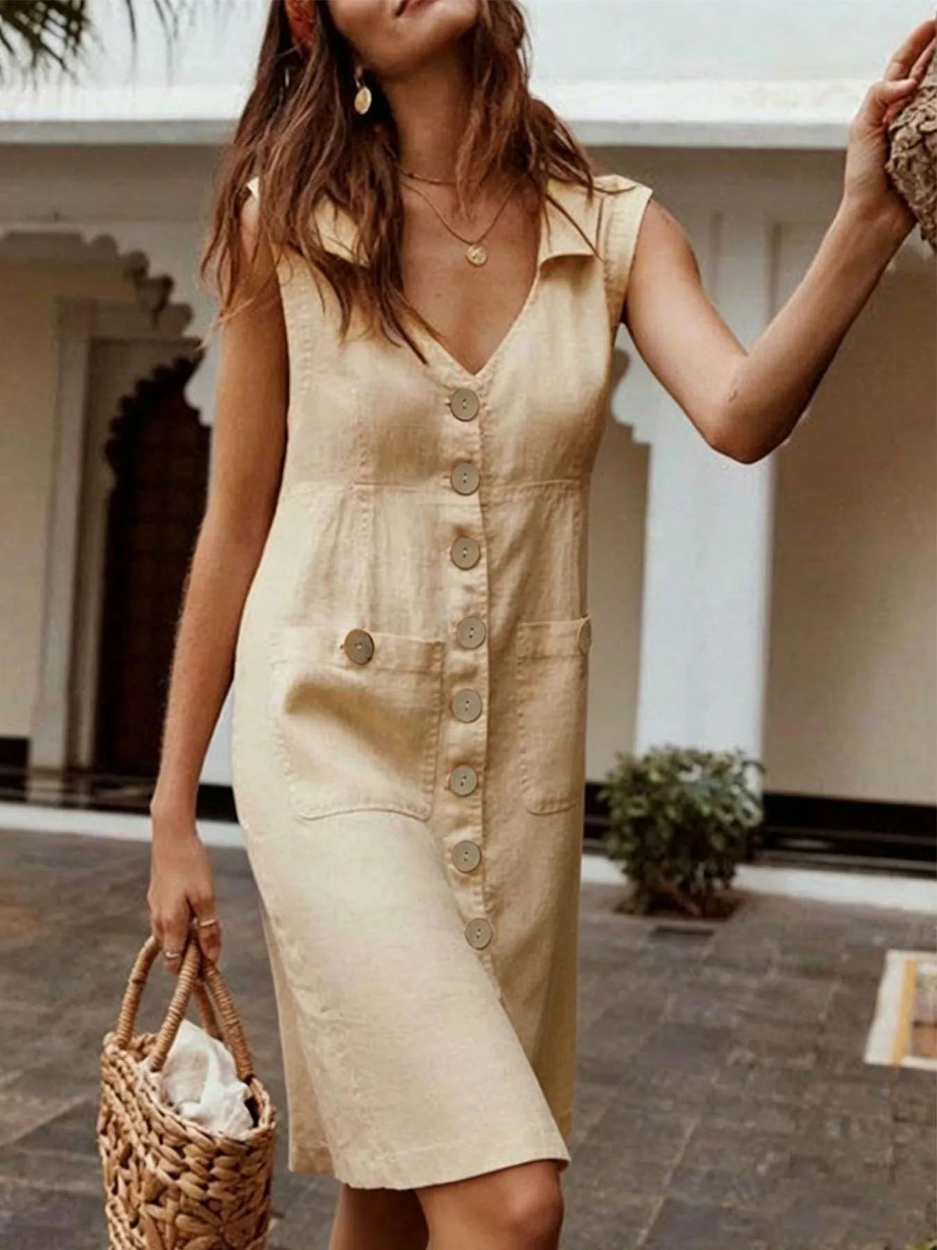 Women'S Dress Summer New Fashion V-Neck Single Breasted Buckle Buckle Dress Pocket Design Sense Skirt Women'S Dress Summer New Fashion V-Neck Single Breasted Buckle Buckle Dress Pocket Design Sense Skirt