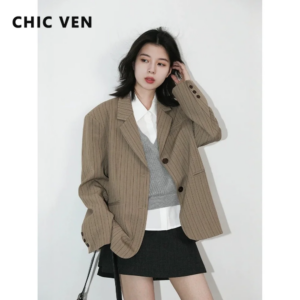 CHIC VEN New Women Blazers Single-breasted Loose Casual Retro Striped Office Ladies Suit Jacket Female Coat Spring Autumn 2026