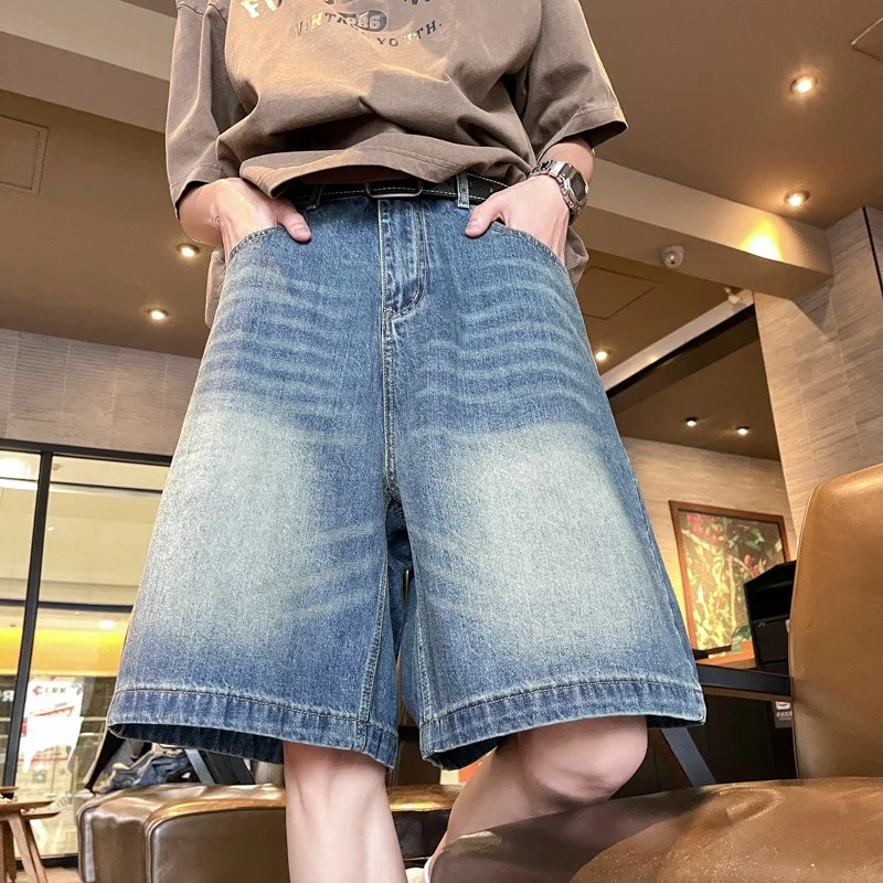 Summer Retro Washed Distressed Baggy Jorts Men'S High Street Fashion Straight Jeans Shorts Y2K Casual Blue Denim Short Pants Summer Retro Washed Distressed Baggy Jorts Men'S High Street Fashion Straight Jeans Shorts Y2K Casual Blue Denim Short Pants - Image 3