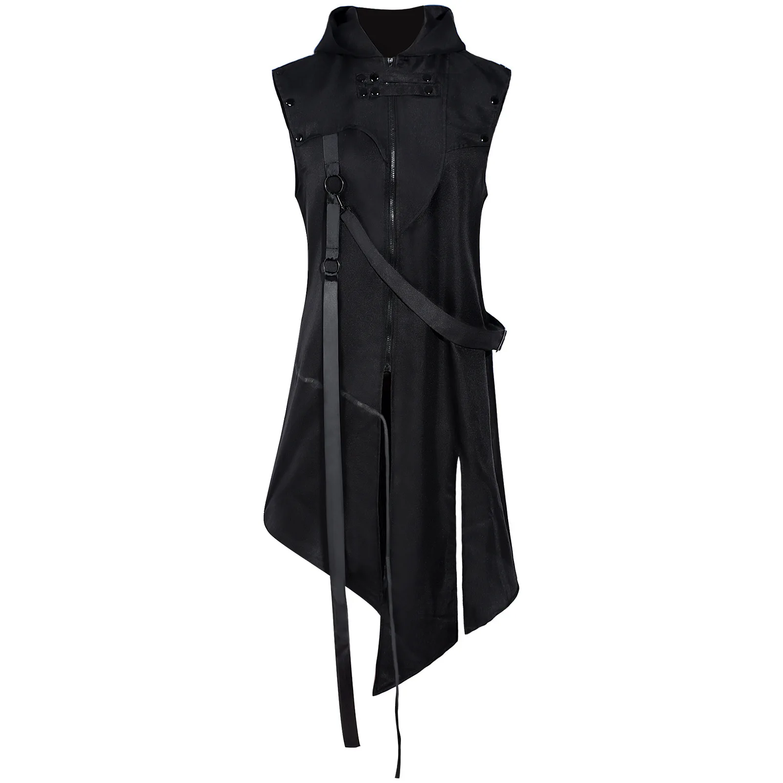 Futuristische Cyberpunk-Techwear Für Männer - Ärmellose Kapuzenweste, Asymmetrischer Schwarzer Mantel Mit Riemen, Streetwear Futuristische Cyberpunk-Techwear Für Männer - Ärmellose Kapuzenweste, Asymmetrischer Schwarzer Mantel Mit Riemen, Streetwear - Image 4