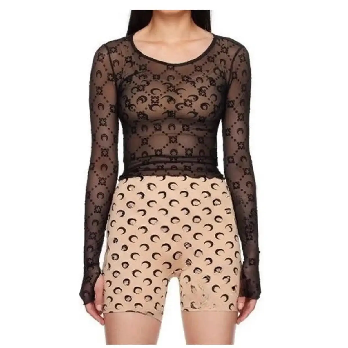 Women Tshirt Long Sleeve Korean Sexy Sweet Spicy Top Hollow Out Mesh Plush Moon Print Street Shorts Mushroom Edge Tight Fit Women Tshirt Long Sleeve Korean Sexy Sweet Spicy Top Hollow Out Mesh Plush Moon Print Street Shorts Mushroom Edge Tight Fit