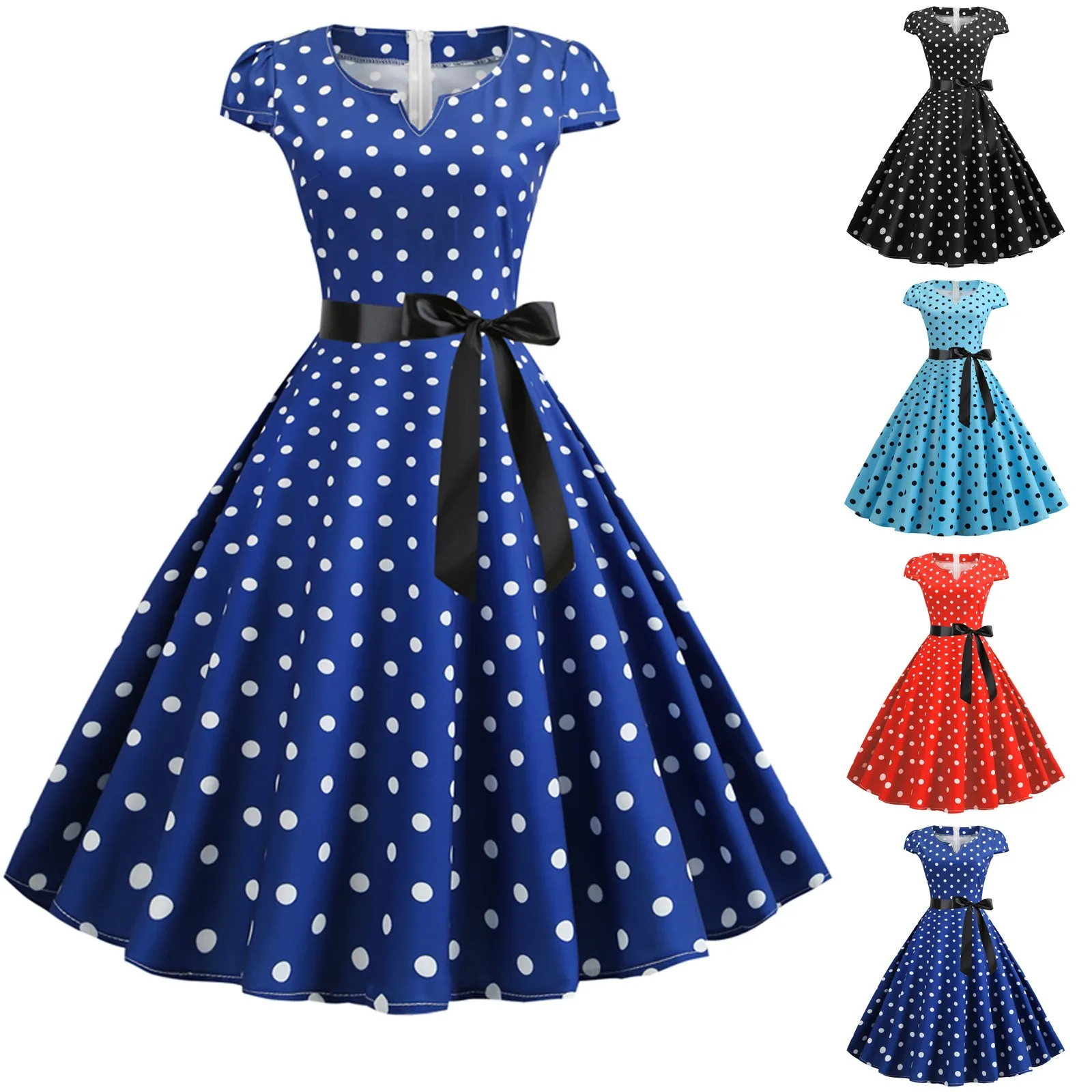 Woman Retro Dresses Audrey Hepburn 1950S 60S Rockabilly Polka Dot Printed Bowknot Pinup Ball Gown Party Dress Robe Vestidos Woman Retro Dresses Audrey Hepburn 1950S 60S Rockabilly Polka Dot Printed Bowknot Pinup Ball Gown Party Dress Robe Vestidos - Image 2