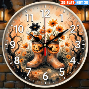 Moderne Wecker-Wanduhr, lustige 2D-runde Deko-Uhr mit Kürbiskopf und Gummistiefeln, 10,0 Zoll, geräuschlos, batteriebetrieben, stilvolle Heimdekoration, geeignet für Wohnzimmer, Schlafzimmer, Bücherregal und Bar, perfektes Weihnachtsgeschenk, geeignet für jeden Raum.