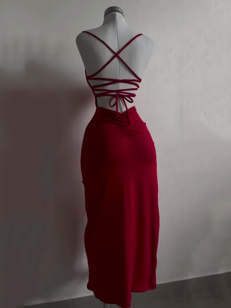Langes Rückenfreies Damenkleid Mit Schnürung Und Schlitz, Figurbetont Langes Rückenfreies Damenkleid Mit Schnürung Und Schlitz, Figurbetont – Bild 6