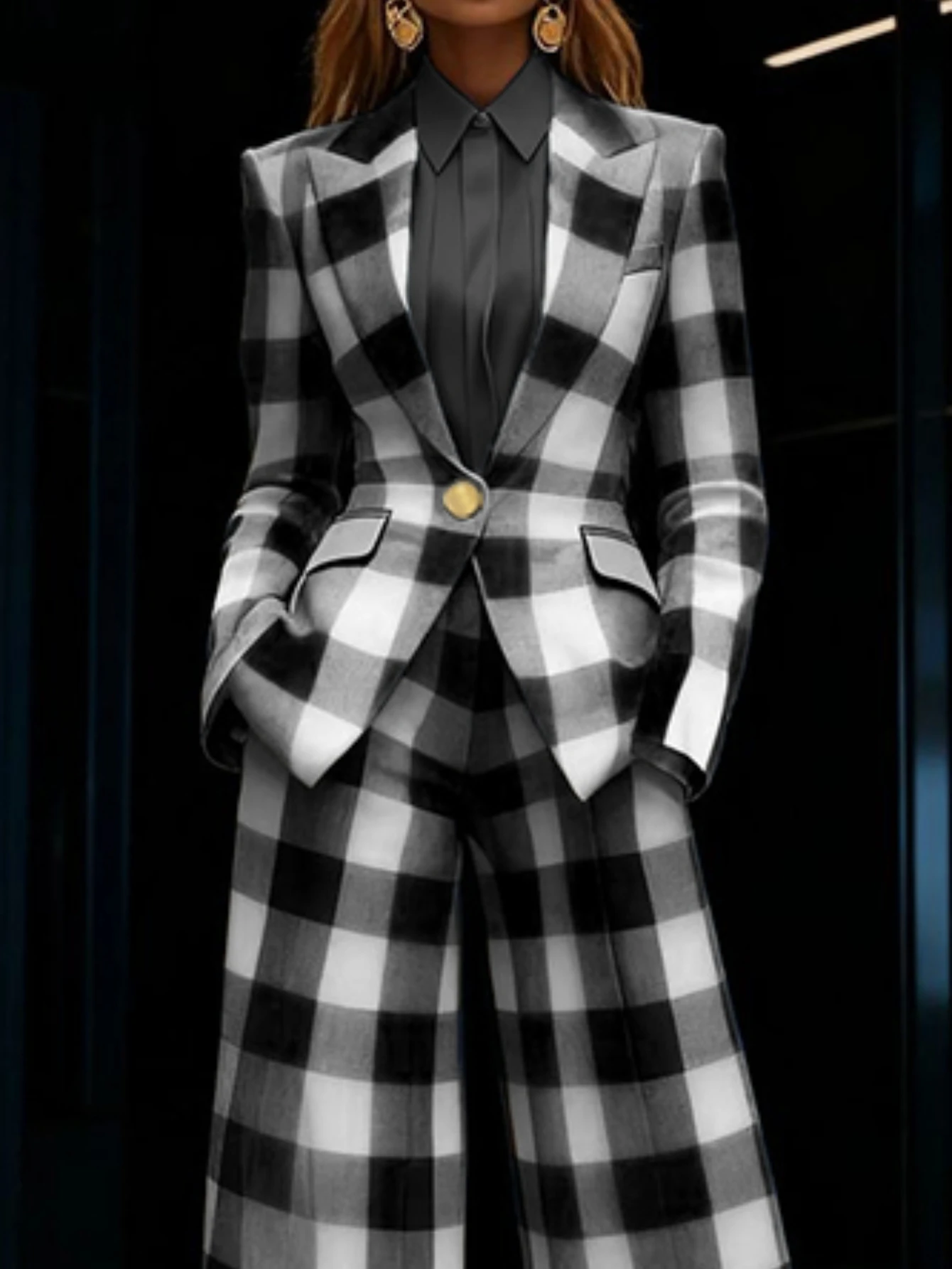 Damen Business-Anzug Kariert: Blazer Mit Einem Knopf Und Hochtaillierte Weite Hose Damen Business-Anzug Kariert: Blazer Mit Einem Knopf Und Hochtaillierte Weite Hose - Image 2