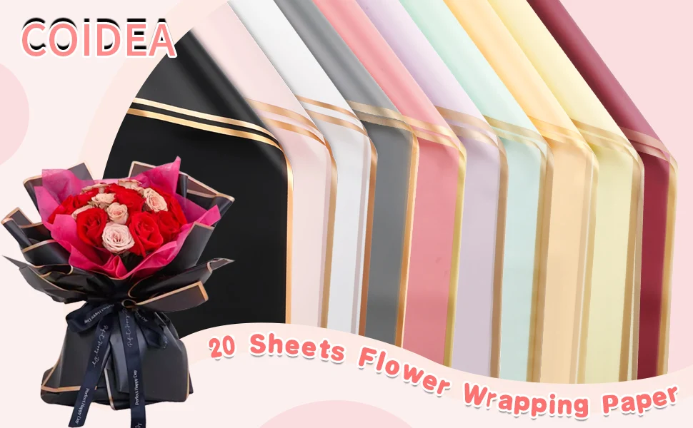 20-Blatt-Geschenkpapier mit rosa Blumen und goldenen Kanten, wasserfeste Verpackung, ideal zum Basteln, Hochzeitssträuße und Hochzeiten – Bild 3