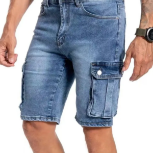 Summer Men's Stretch Slim Denim Shorts Casual Cargo Shorts with Large Pockets Solid Color Fashion Light Blue Jeans Shorts Male