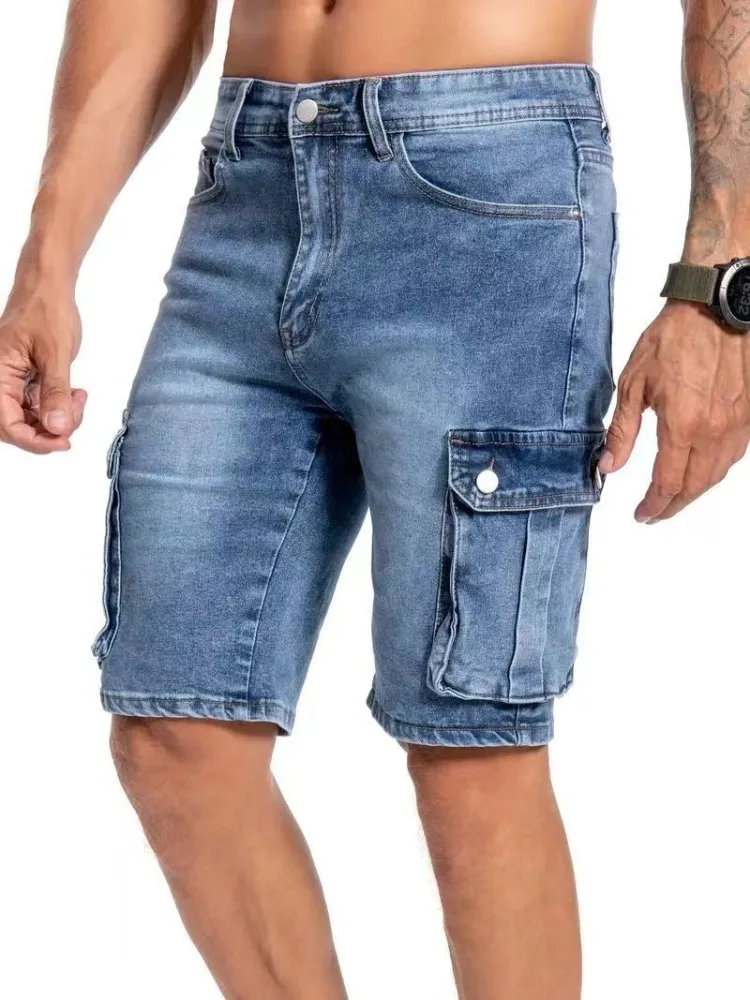 Summer Men'S Stretch Slim Denim Shorts Casual Cargo Shorts With Large Pockets Solid Color Fashion Light Blue Jeans Shorts Male Summer Men'S Stretch Slim Denim Shorts Casual Cargo Shorts With Large Pockets Solid Color Fashion Light Blue Jeans Shorts Male