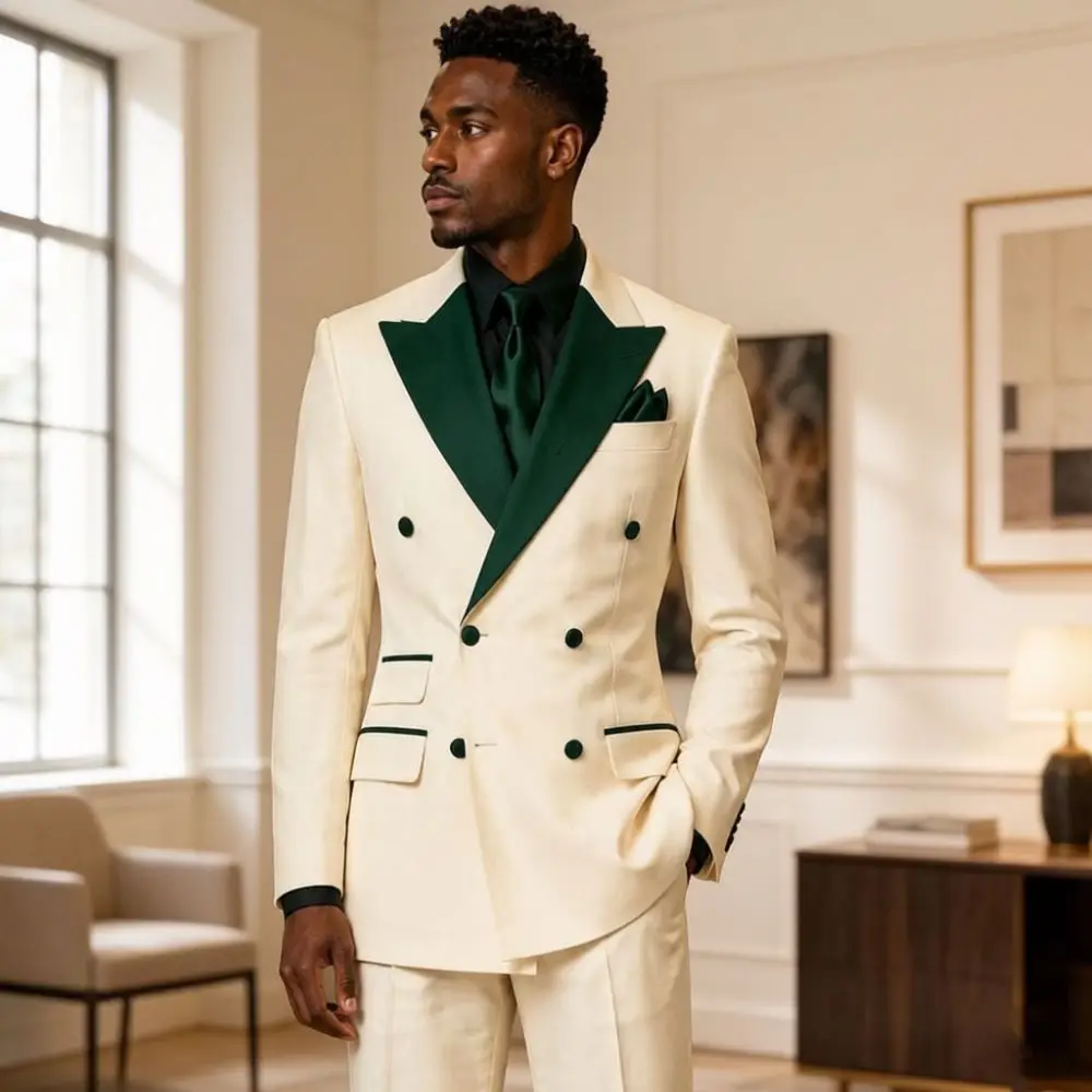Elegant Double Breasted White Suits For Men Luxury Satin Lapel Groom 2 Pieces Mix Match Separates Hotel Wedding Banquet Style Elegant Double Breasted White Suits For Men Luxury Satin Lapel Groom 2 Pieces Mix Match Separates Hotel Wedding Banquet Style - Image 7