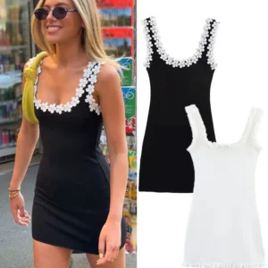 HH Female Summer Sexy Slim Dress 2 Color Solid Square Collar Sleeveless Backless Flower Decoration Women's Fashion Dresses
