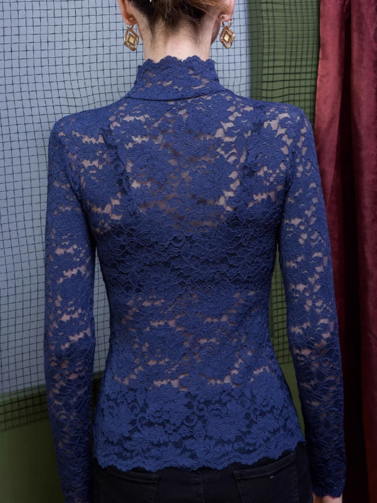 French High Neck Lace Blouse For Women, Spring And Summer Perspective Sexy Top, Winter Thick Long Sleeved Pullover Sweater French High Neck Lace Blouse For Women, Spring And Summer Perspective Sexy Top, Winter Thick Long Sleeved Pullover Sweater - Image 5