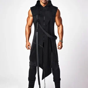 Futuristische Cyberpunk-Techwear für Männer - Ärmellose Kapuzenweste, asymmetrischer schwarzer Mantel mit Riemen, Streetwear