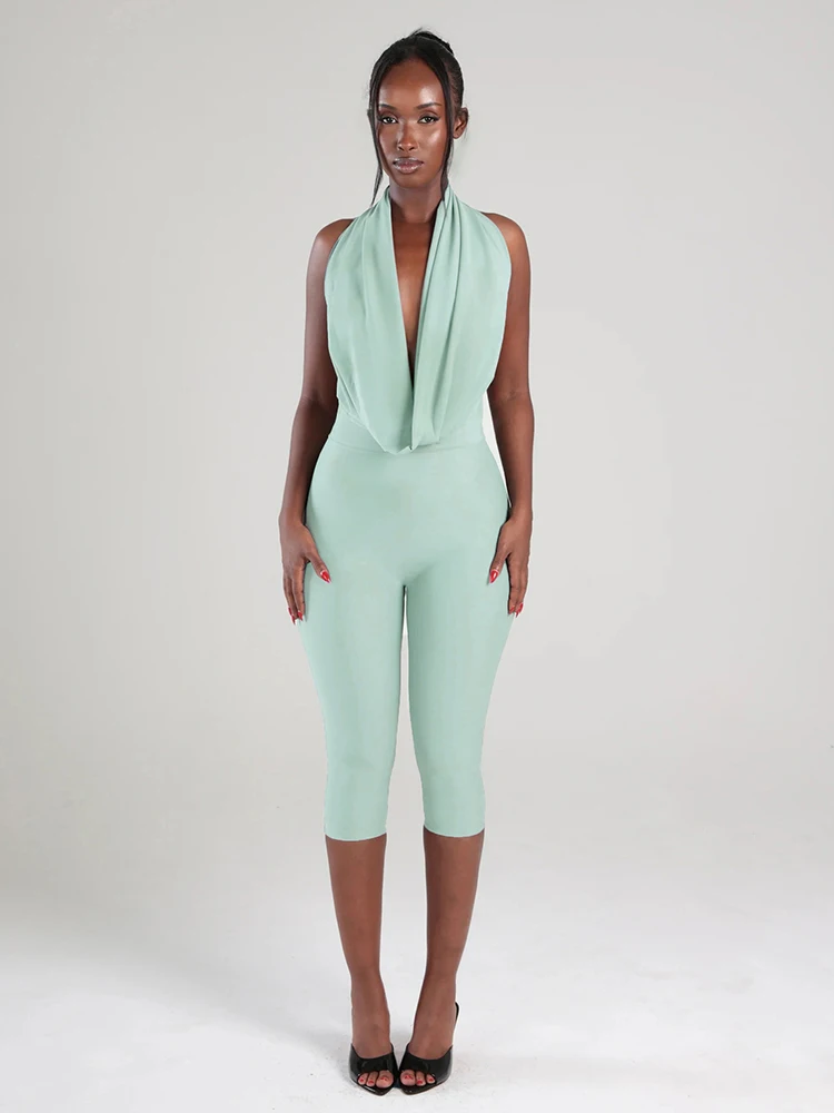 Cutenew Swing Collar Playsuits Women Sexy Basic Backless Halter Bandage Sleeveless Wild Chic Midnight Club Workout Streetwear Cutenew Swing Collar Playsuits Women Sexy Basic Backless Halter Bandage Sleeveless Wild Chic Midnight Club Workout Streetwear - Image 2