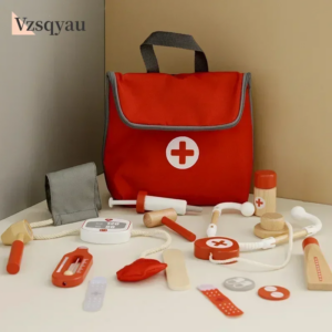Arzt Spielzeug für Kinder Set Kinder Holz Pretend Play Kit Spiele für Mädchen Jungen Rot Medizinische Zahnarzt Medizin Box Stoff Taschen Geschenke