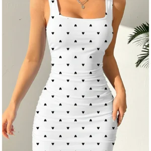 Women's Summer Casual Waist Cinched Square Collar Shoulder Strap Heart-Shaped Printed Sleeveless Dress, Mid Length Skirt
