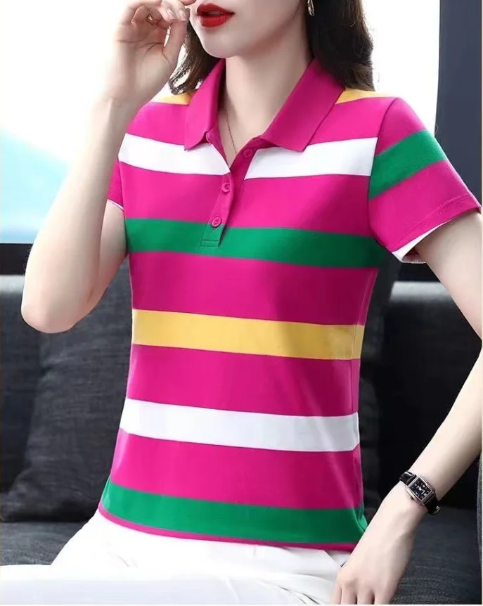 Women Summer Tops Strip Tees Sexy Vintage Short Sleeve 5Xl Polo T Shirts Loose Casual Befree Boho Tees Women Summer Tops Strip Tees Sexy Vintage Short Sleeve 5Xl Polo T Shirts Loose Casual Befree Boho Tees - Image 3