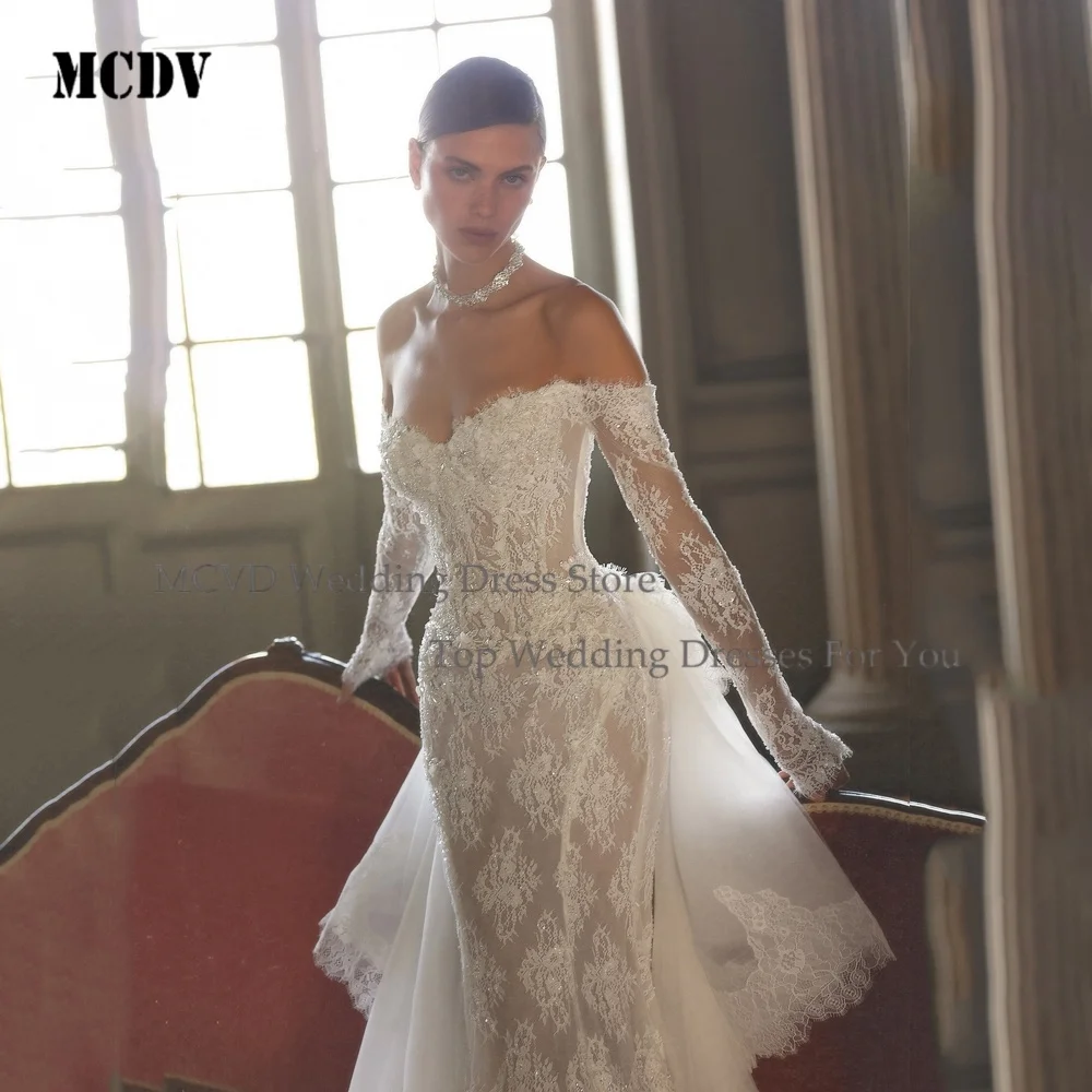 Meerjungfrau-Brautkleid Mit Spitze, Schulterfrei, Langärmlig, Nach Maß Meerjungfrau-Brautkleid Mit Spitze, Schulterfrei, Langärmlig, Nach Maß – Bild 2