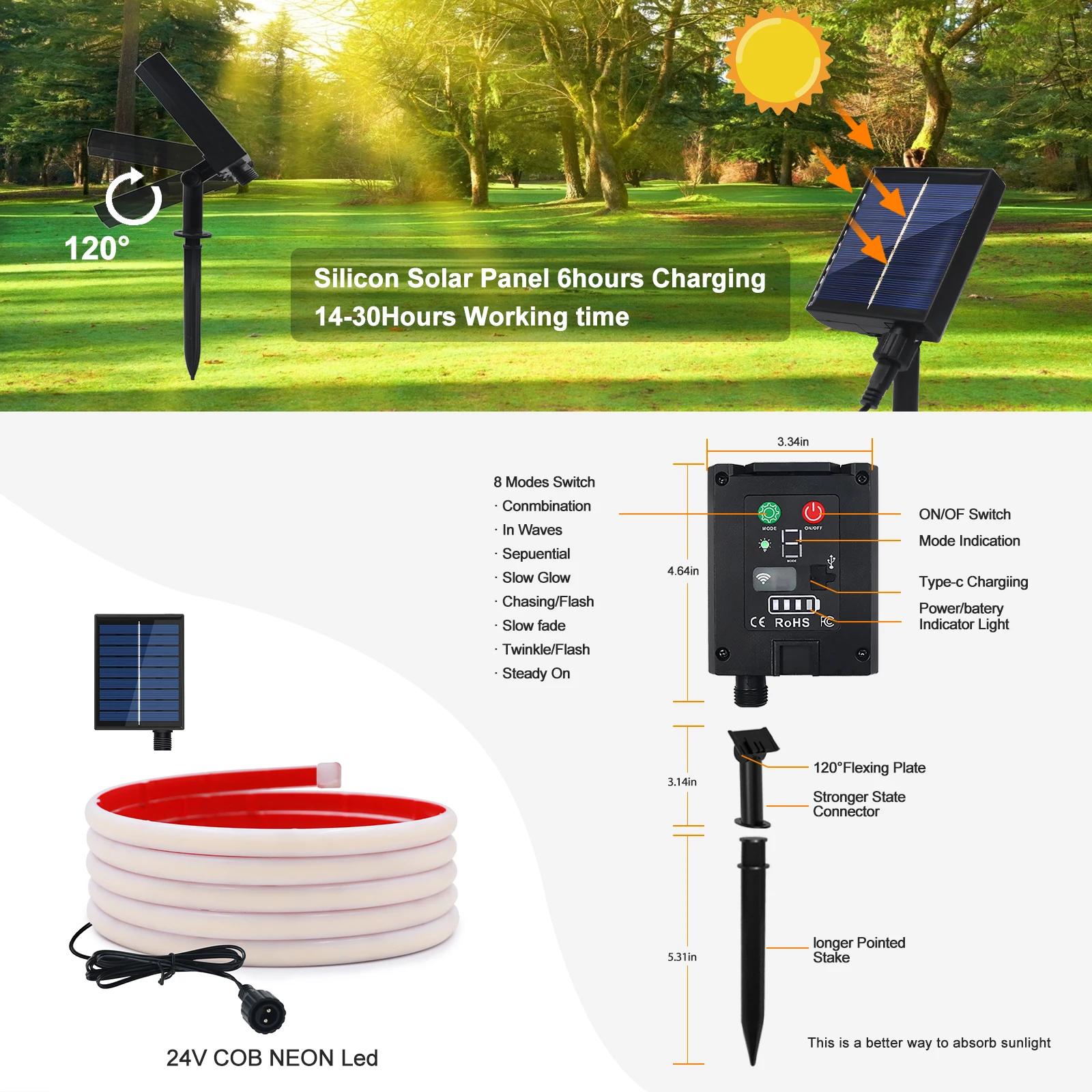 Dc24V Solar Powered Cob Neon Led Strip Ip68 Waterproof 320Leds/M Flexible Adhesive Ribbon Rope Light Home Garden Linear Lighting Dc24V Solar Powered Cob Neon Led Strip Ip68 Waterproof 320Leds/M Flexible Adhesive Ribbon Rope Light Home Garden Linear Lighting - Image 6
