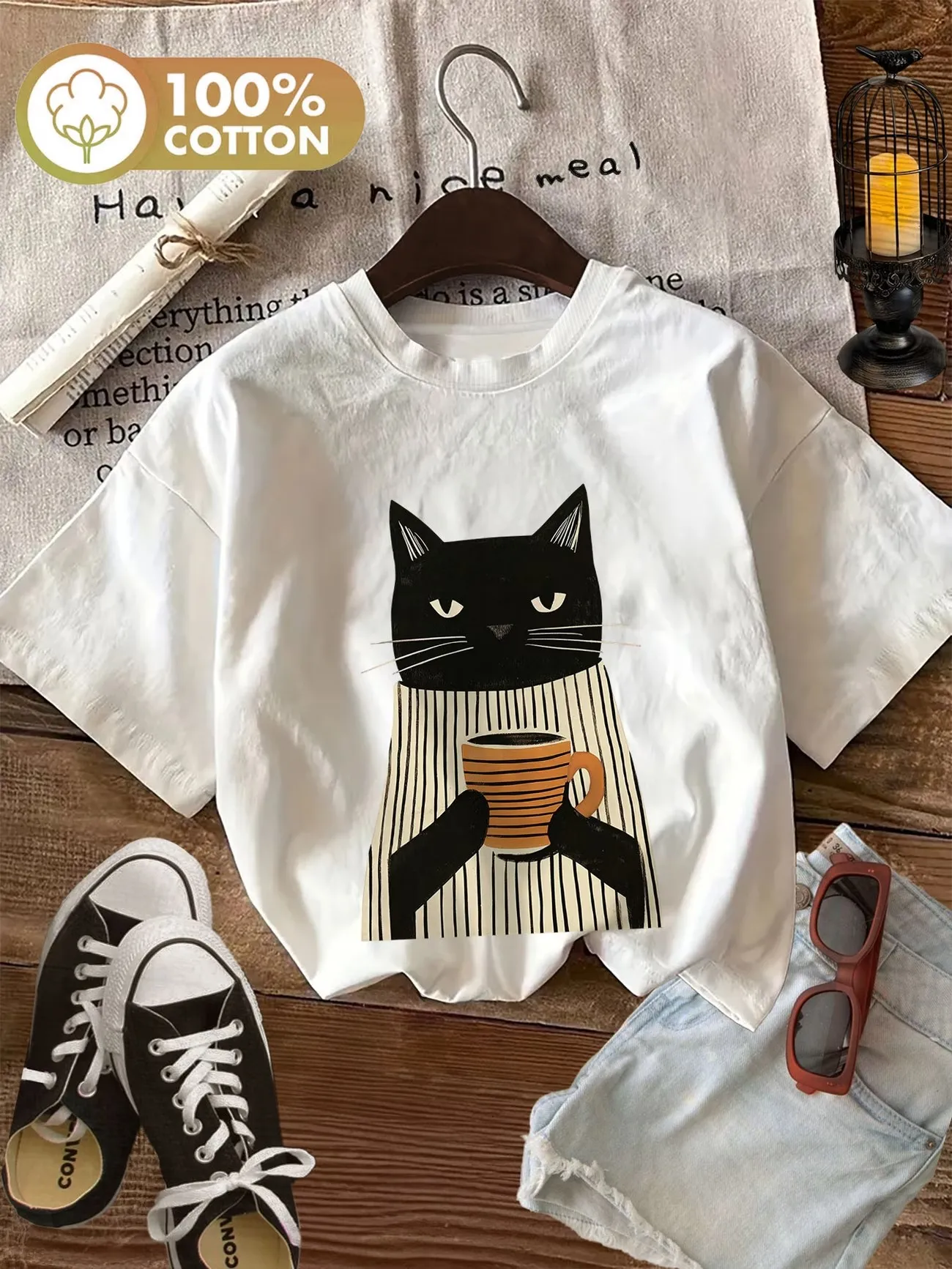 Cute Black Cat With Coffee 100% Cotton Women'S T-Shirt Soft Crew Neck Short Sleeve Top Tee Shirt Oversized Funny Female Trendy Cute Black Cat With Coffee 100% Cotton Women'S T-Shirt Soft Crew Neck Short Sleeve Top Tee Shirt Oversized Funny Female Trendy - Image 2