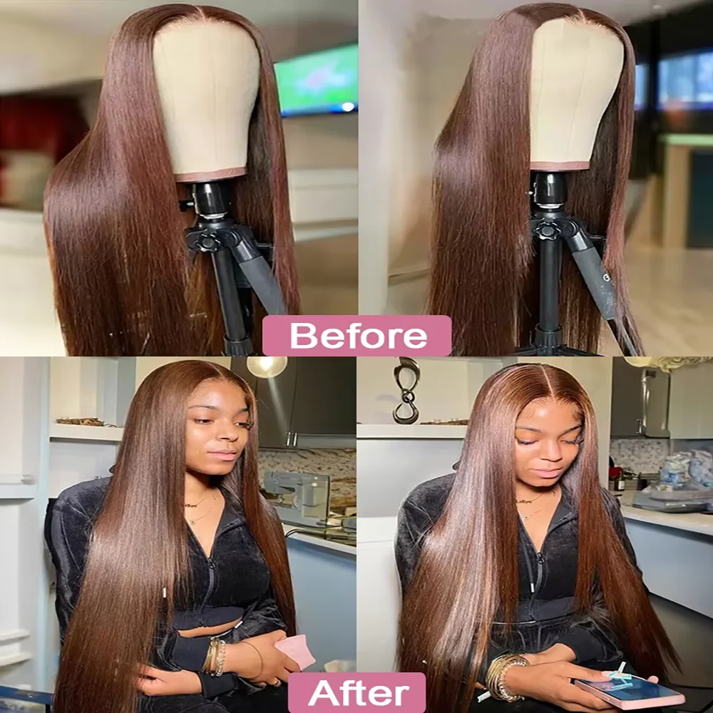 Bone Straight 13X6 Lace Frontal Wig 18-46 Inch 220 Density #4 Chocolate Brown Hd Lace Front Brazilian Human Hair Wig For Women Bone Straight 13X6 Lace Frontal Wig 18-46 Inch 220 Density #4 Chocolate Brown Hd Lace Front Brazilian Human Hair Wig For Women - Image 4