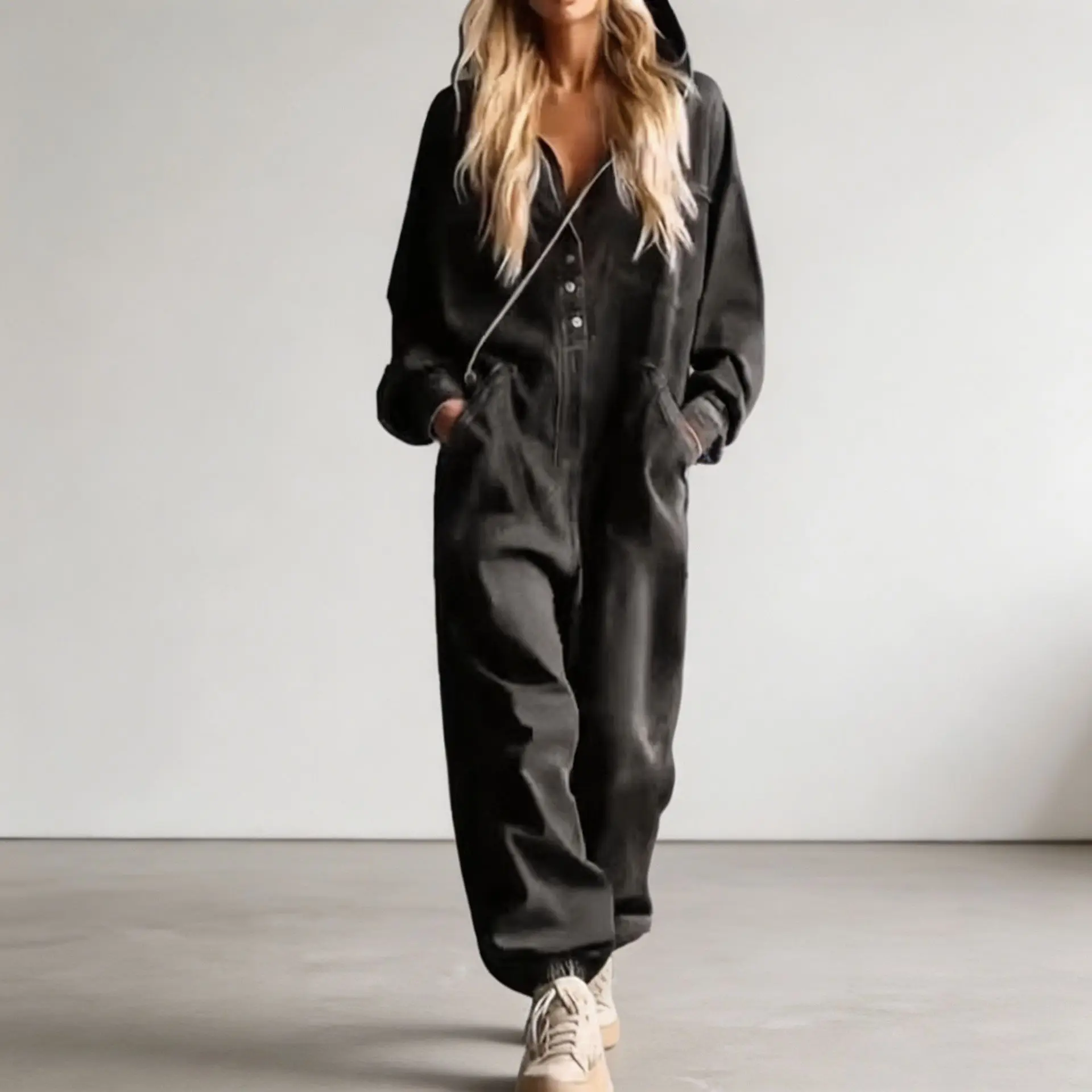 Modischer Und Lässiger Herbst-Jumpsuit Für Damen Mit Kapuze, Hoher Taille, Langen Ärmeln, Großen Taschen Und Weiten Hosenbeinen. Modischer Und Lässiger Herbst-Jumpsuit Für Damen Mit Kapuze, Hoher Taille, Langen Ärmeln, Großen Taschen Und Weiten Hosenbeinen. - Image 3