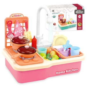 Kinder-Spielküche mit Fließendem Wasser, Elektrisches Spielset für Mädchen mit Wasserhahn, Herd, Topf, Pfanne, Spielzeug-Lebensmittel, Geburtstagsgeschenke