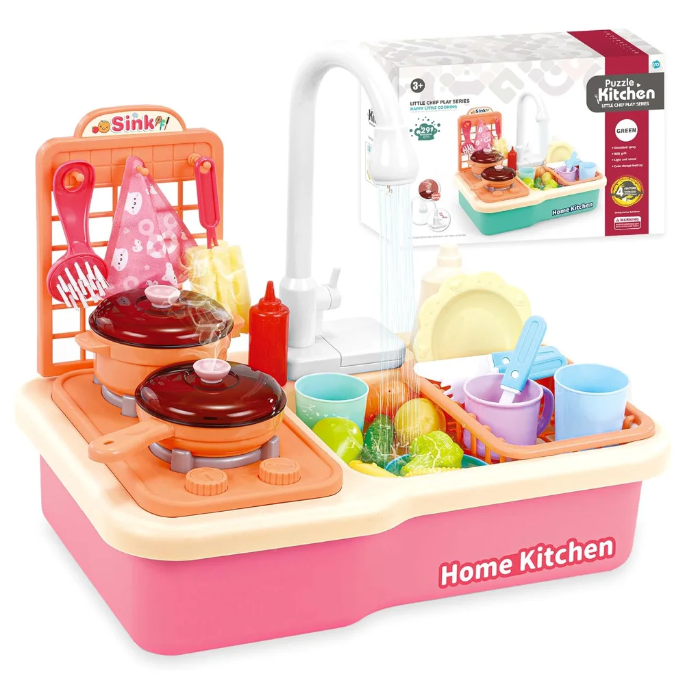 Kinder-Spielküche Mit Fließendem Wasser, Elektrisches Spielset Für Mädchen Mit Wasserhahn, Herd, Topf, Pfanne, Spielzeug-Lebensmittel, Geburtstagsgeschenke Kinder-Spielküche Mit Fließendem Wasser, Elektrisches Spielset Für Mädchen Mit Wasserhahn, Herd, Topf, Pfanne, Spielzeug-Lebensmittel, Geburtstagsgeschenke