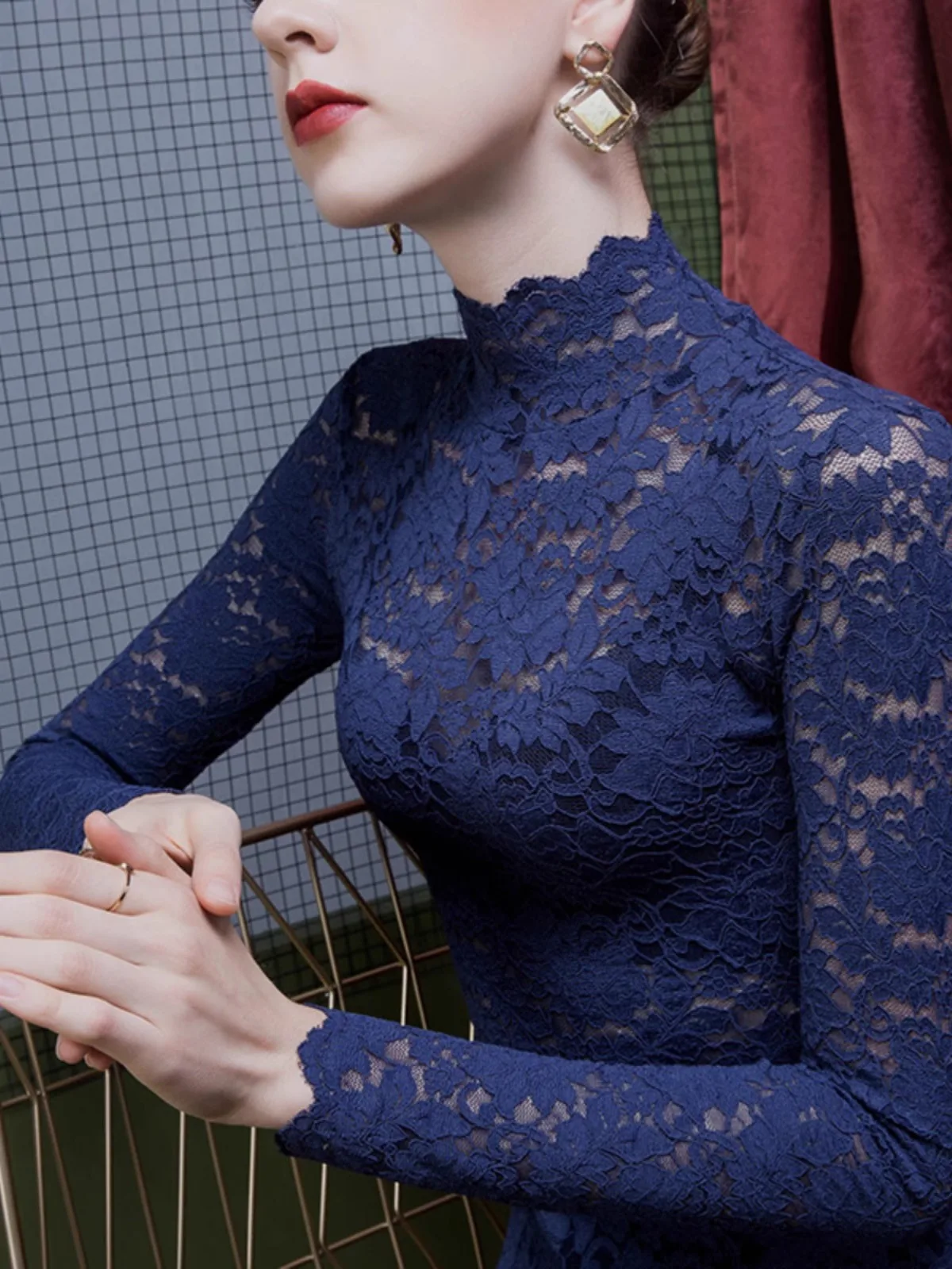 French High Neck Lace Blouse For Women, Spring And Summer Perspective Sexy Top, Winter Thick Long Sleeved Pullover Sweater French High Neck Lace Blouse For Women, Spring And Summer Perspective Sexy Top, Winter Thick Long Sleeved Pullover Sweater - Image 2