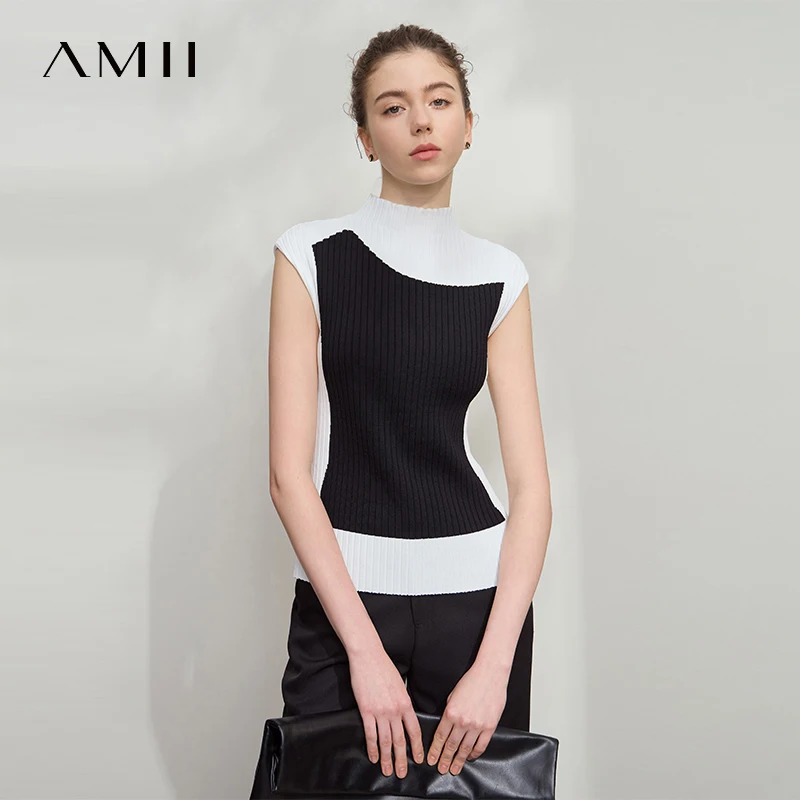 Amii Minimalistische farblich passende Damen-Strickpullover 2025, Herbst, neuer ärmelloser Pullover, halb-Rollkragenpullover, schmales Oberteil 12542001 – Bild 2