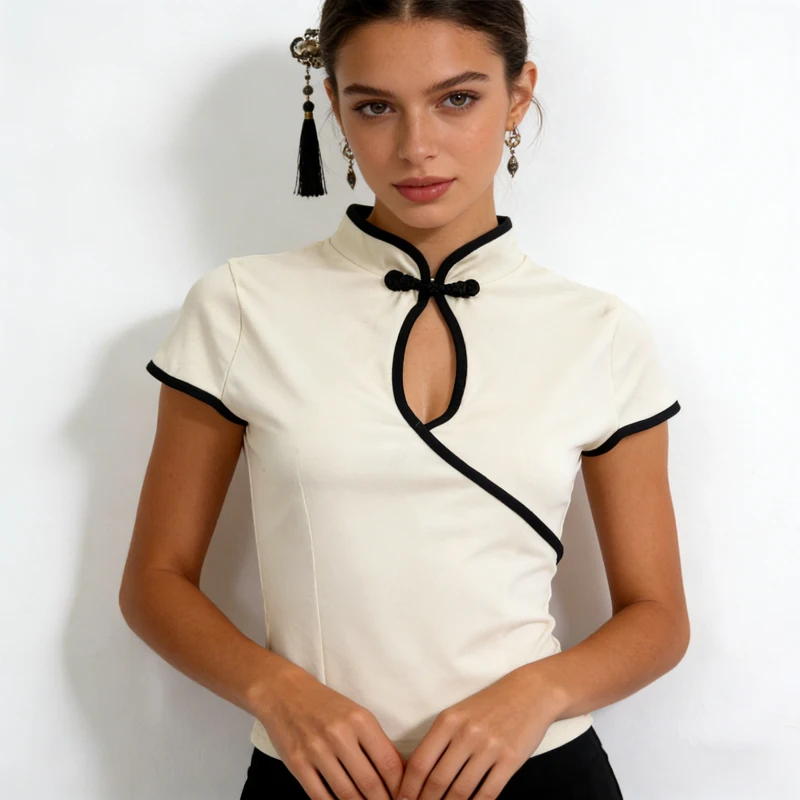 Damen-Bluse Im Chinesischen Stil, Beige, Cheongsam-Bluse, Vintage-Stil, Stehkragen, Kurze Ärmel, Bauchfreies Oberteil Mit Asymmetrischem Froschknopf Und Schlüsselloch Damen-Bluse Im Chinesischen Stil, Beige, Cheongsam-Bluse, Vintage-Stil, Stehkragen, Kurze Ärmel, Bauchfreies Oberteil Mit Asymmetrischem Froschknopf Und Schlüsselloch – Bild 4