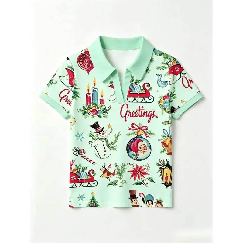Women'S Vintage Christmas Print Polo Shirt, White Red V-Neck Short Sleeve Collared Casual Holiday Tee For Ladies Women'S Vintage Christmas Print Polo Shirt, White Red V-Neck Short Sleeve Collared Casual Holiday Tee For Ladies - Image 4