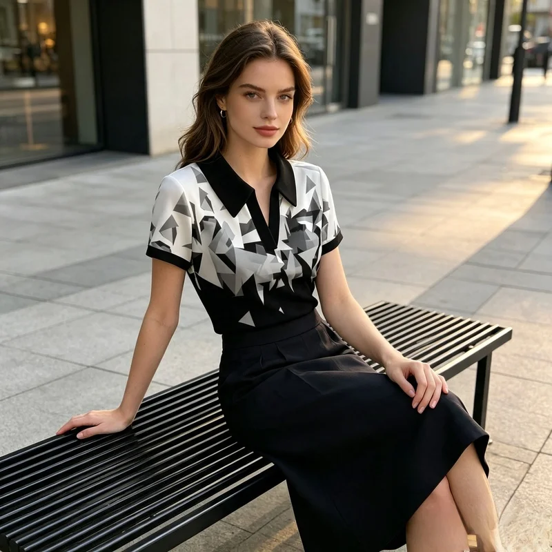 2026Black And White Geometric Printpoloshirt,Vcollarpoloshirt,Casual Loosetshirt 2026Black And White Geometric Printpoloshirt,Vcollarpoloshirt,Casual Loosetshirt - Image 6