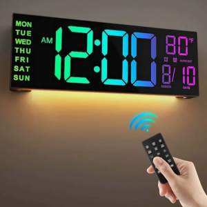 15,2 Zoll große digitale Wanduhr mit Fernbedienung, Stimmungslicht, 8 Farben RGB, Doppelalarm, Countdown-Funktion, 12/24-Stunden-LED-Wecker